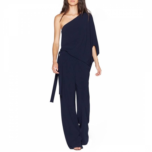 HALSTON HERITAGE *Gia* navy blue one shoulder 70s 80s classic jumpsuit 12 - Picture 2 of 8